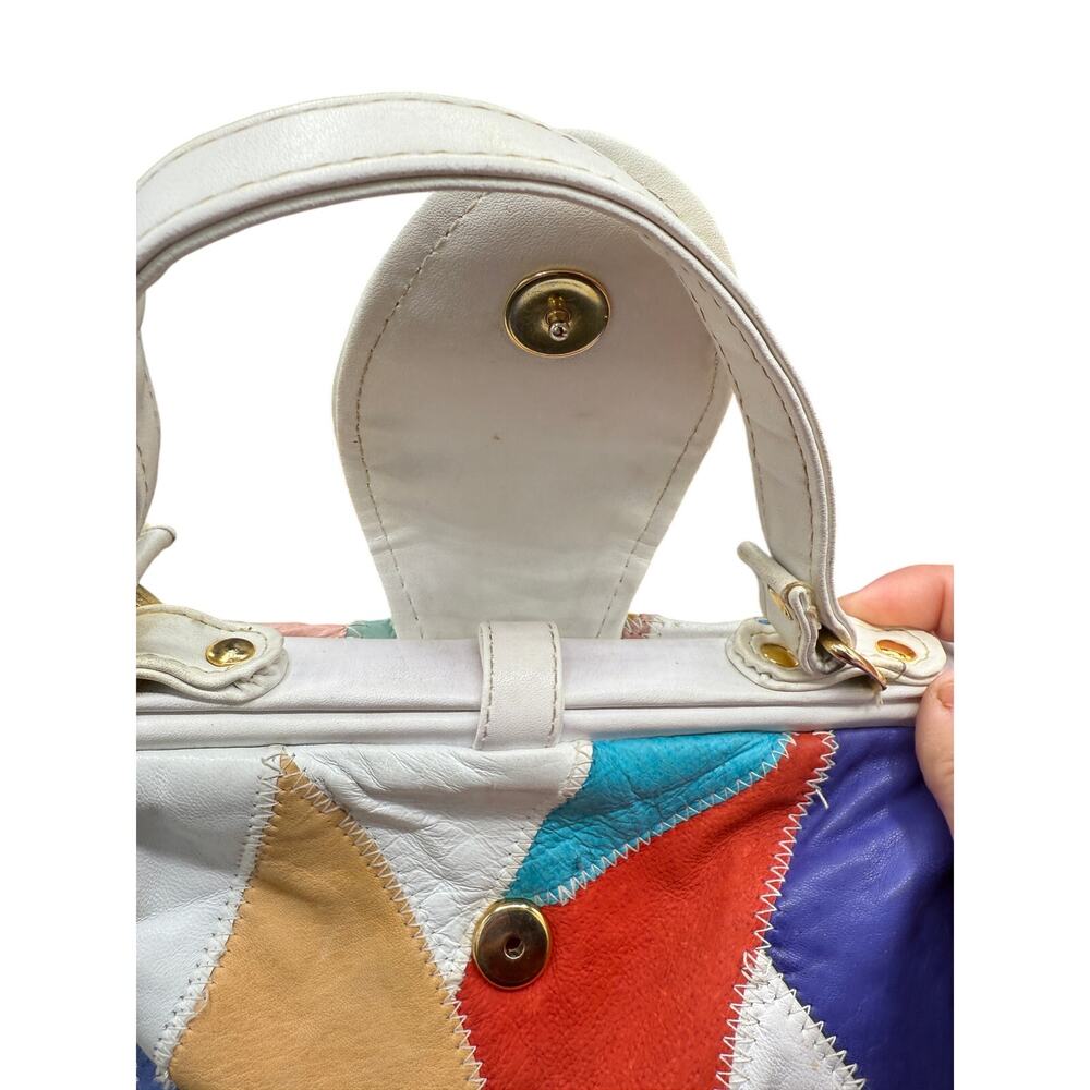 đ Vintage 80s 90s Patchwork Leather Purse Womenâs Colorblock Satchel Rainbow - Picture 7 of 9